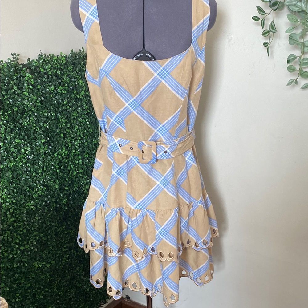 En Saison Tan and Light Blue Plaid Tiered Eyelet Hem Dress